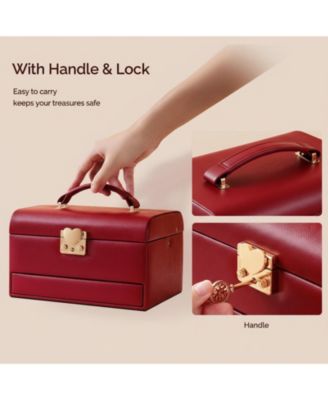 3 Layers Leather Jewelry Storage Box with Lock Mirror Drawers for Necklaces Earrings Bracelets Rings