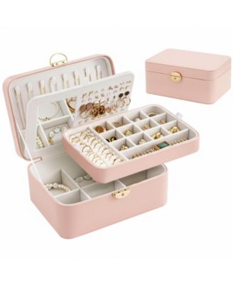 2 Layer Jewelry Organizer Box with Bow Clasp Mirror Storage for Earrings Rings Necklaces Gift