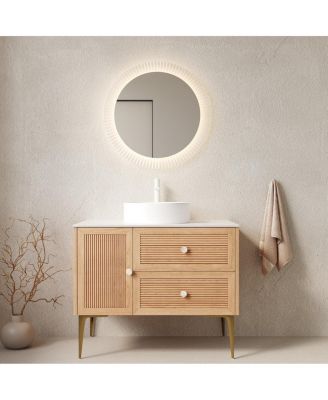 Freestanding Bathroom Vanity with Round Ceramic Vessel Sink, Sintered Stone Top, Large Storage Drawers for Modern Spaces