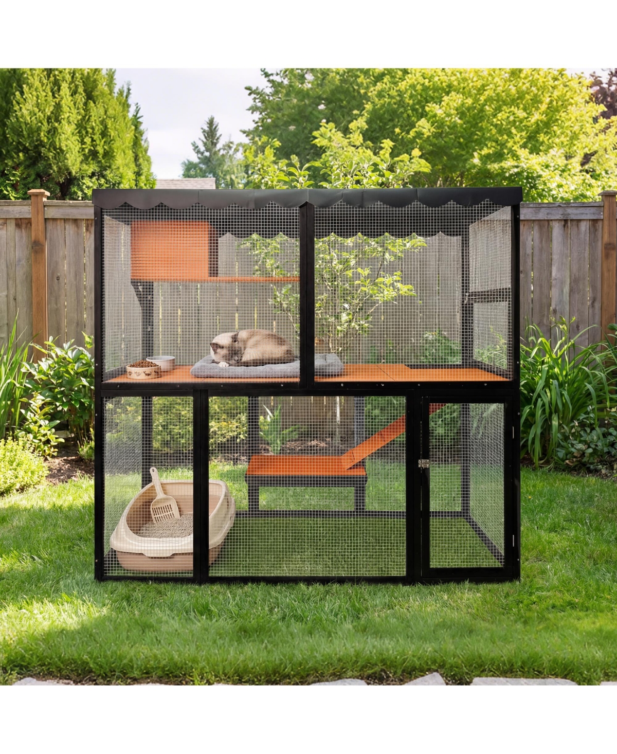 Aostirmotor Wooden Cat Enclosure, Large 4-Tier Catio for Multiple Cats, Indoor-Outdoor Cat House with Ramp