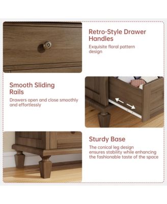 Bedroom 47" Tall 6 Drawer Dresser, Vintage Wood Chest of Drawers with Carved Handles.