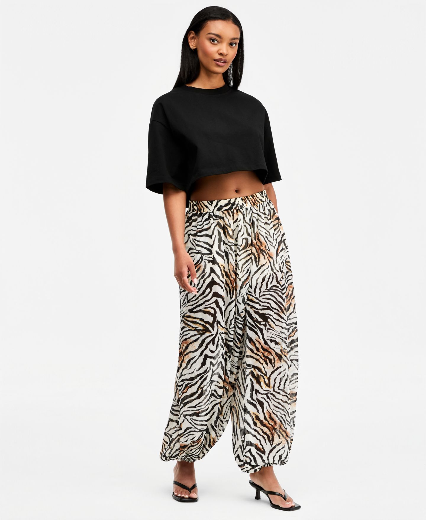 Женские брюки Bar III Zebra Printed Pull-On Sheer Balloon, цвет: Зебра — фото 1