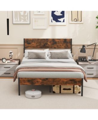 Full Size Metal Bed Frame with Wooden Headboard and Footboard