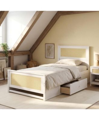 Twin Solid Wood Platform Bed Frame with Storage Drawers and Rattan Headboard