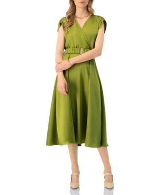 Women's Sleeveless Midi Satin Dress with Belt
