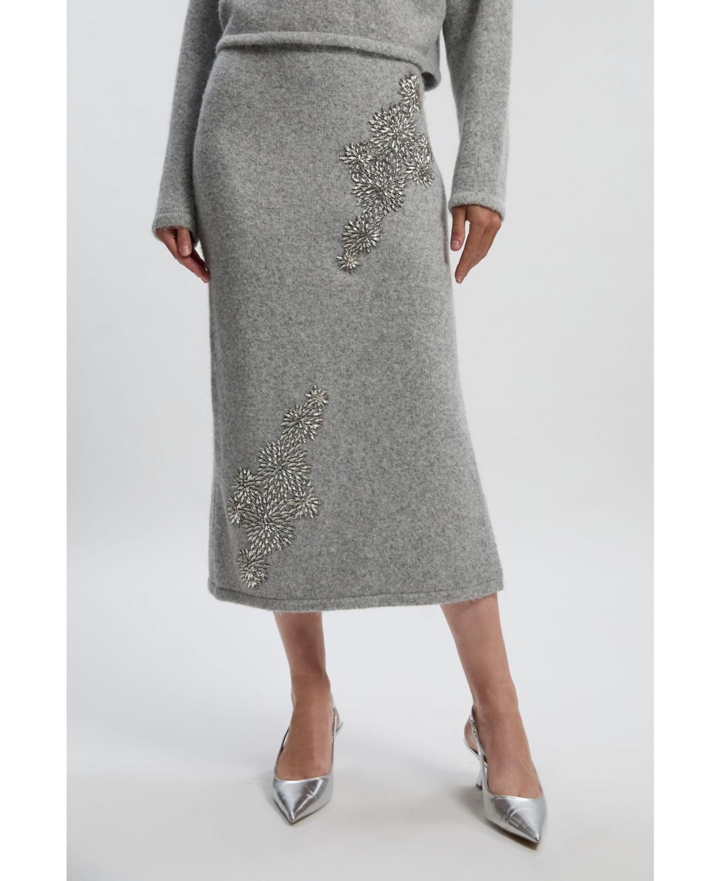 Женская юбка Karen Millen Wool Embellished Pencil Midi, цвет: Серый — фото 3