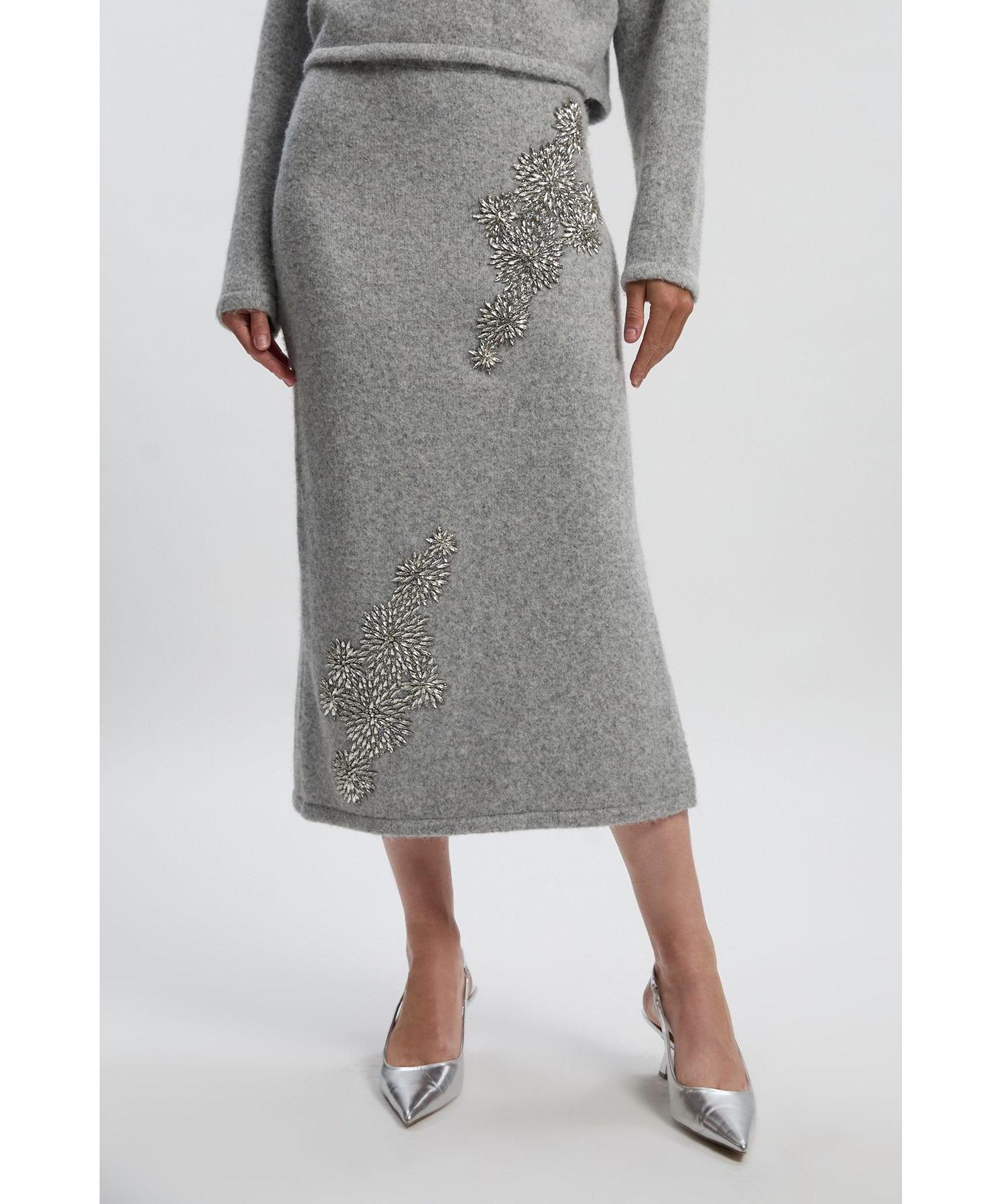 Women's Wool Embellished Pencil Midi Skirt