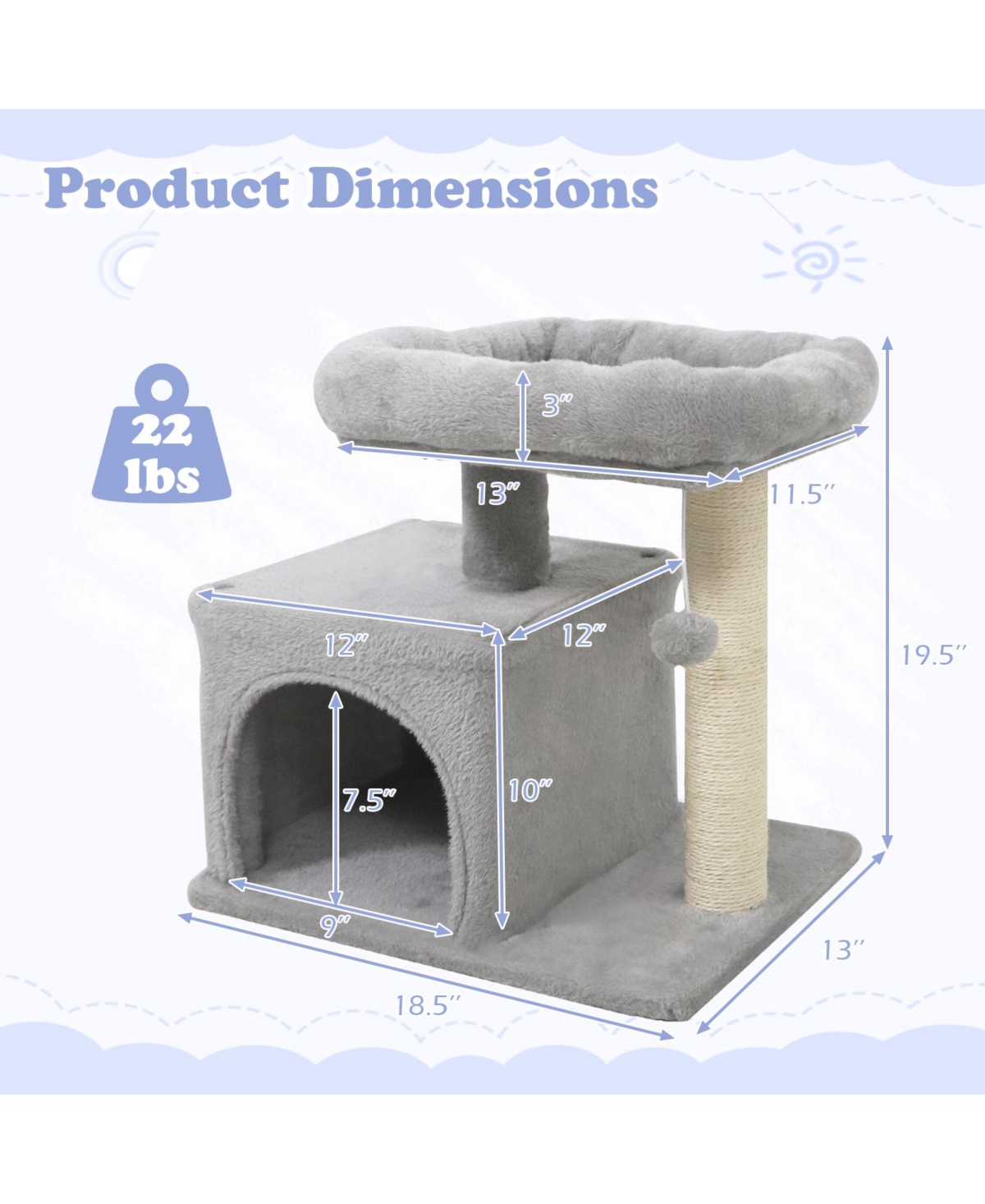 Cozito Cat Tree 19.5 inch Small with Large Padded Plush Perch