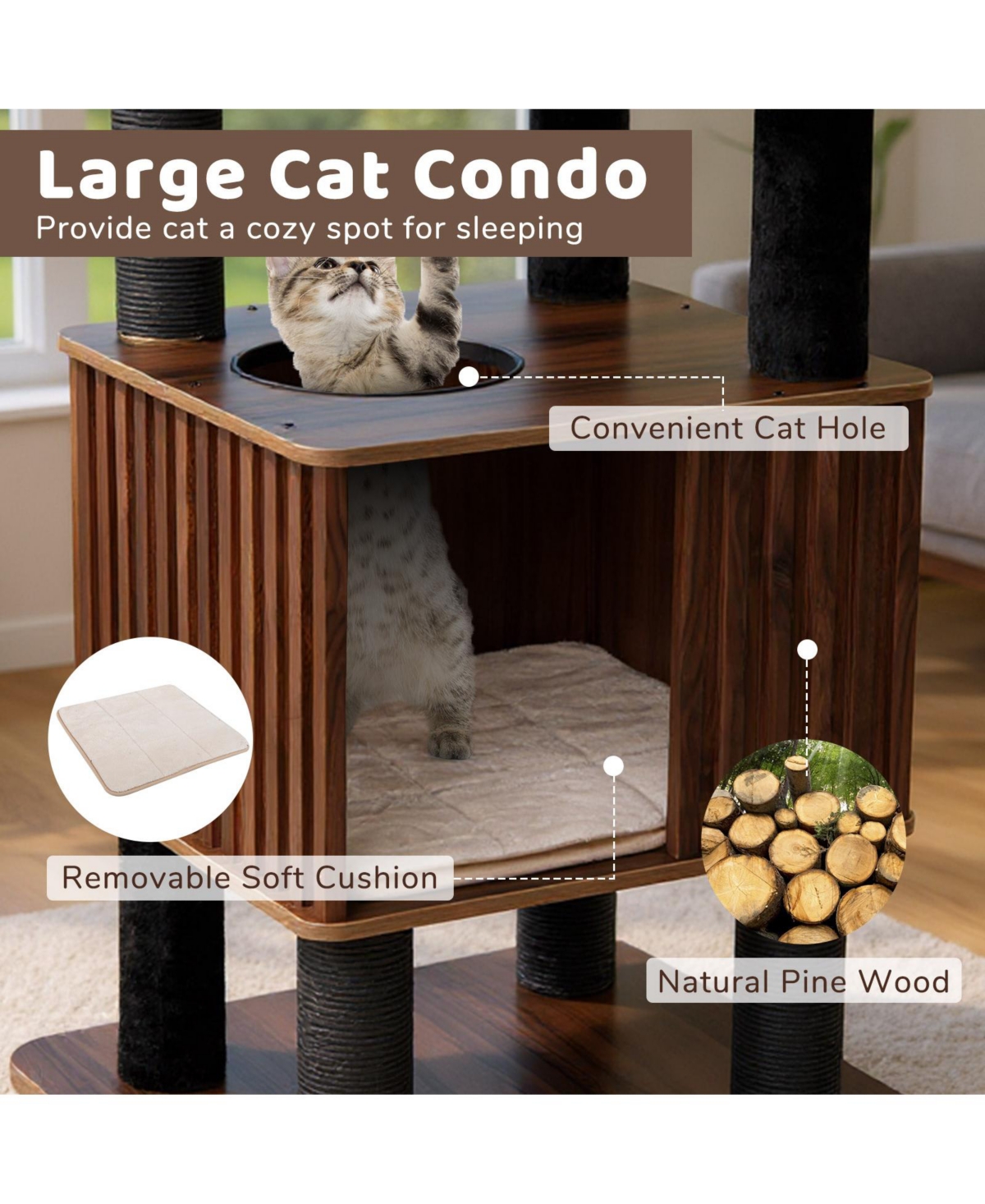 Cozito Cat Tower 64 in Wooden with Top Perch and Soft Padding