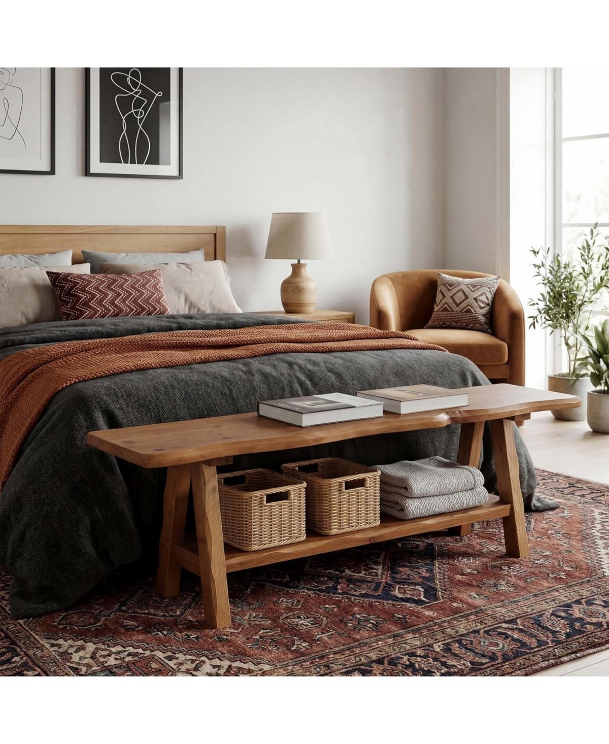 Tribesigns 55'' Solid Wood Entryway Bench, Farmhouse Long End of Bed Bench with Live-Edge, Indoor Dining Seat