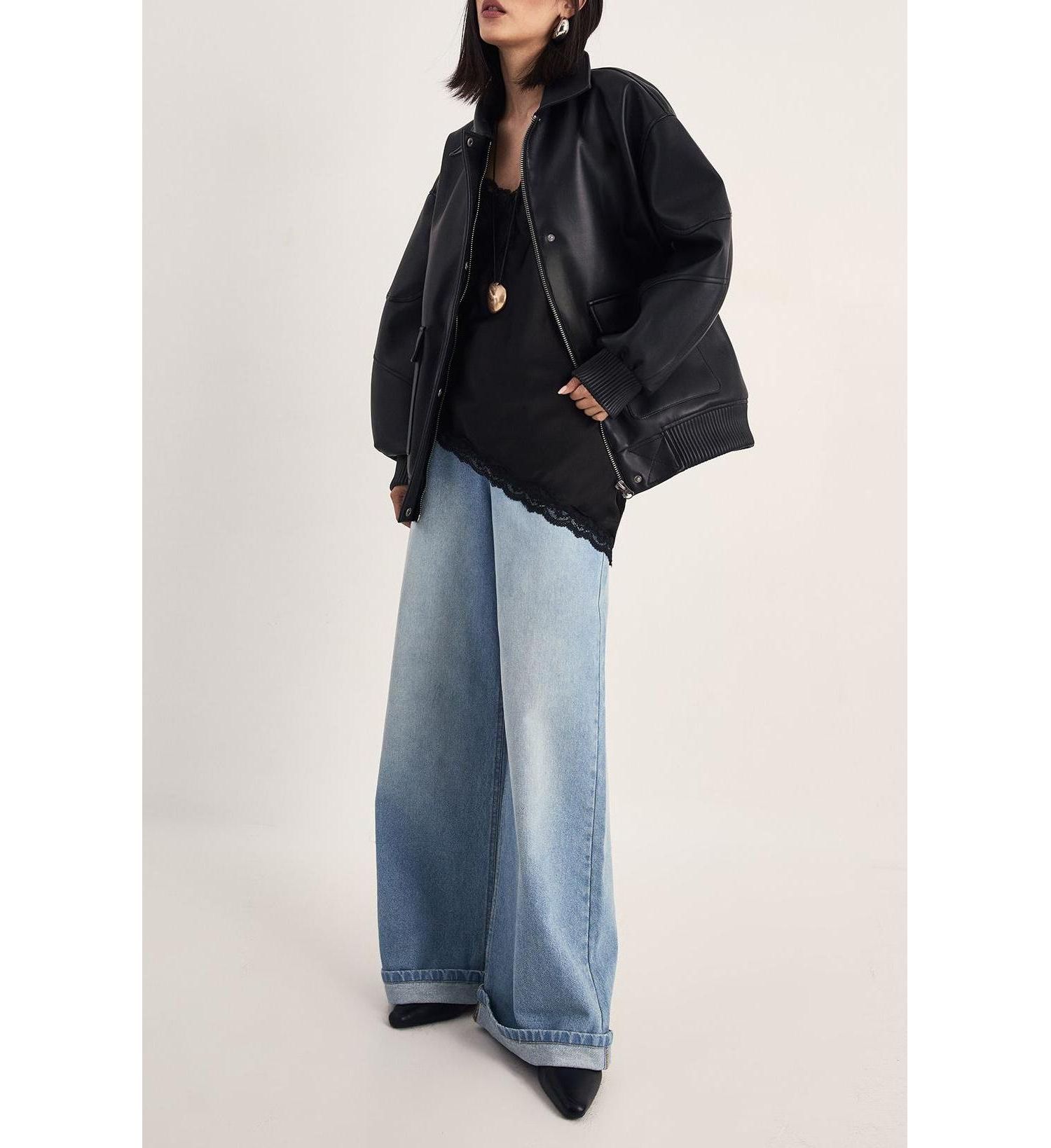 Women's Longline Faux Leather Bomber Jacket