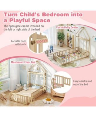 Twin House Floor Bed with House-Shaped Headboard