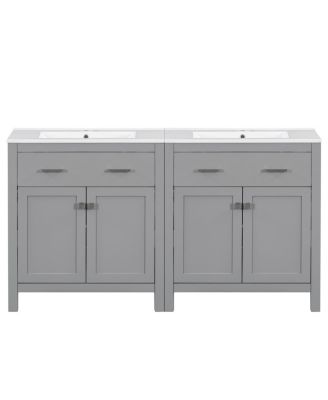60 Inch Double Sink Bathroom Vanity with Ceramic Sinks, Solid Wood Frame, Flip-Out Drawer and Adjustable Shelf