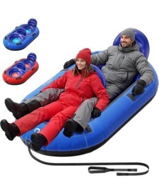 2-Person Inflatable Snow Tube with Dual Backrests and Tow Rope, Heavy Duty Canvas-Covered Blow Up Snow Sled
