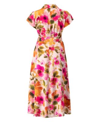 Women's Midi Belted Floral Print Shirt Style Dress