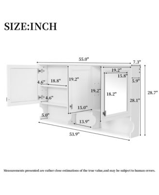 55 Inch Wall Mounted Mirror Medicine Cabinet with Doors Open Shelves Adjustable Storage Bathroom Cabinet Over Toilet Home Organization