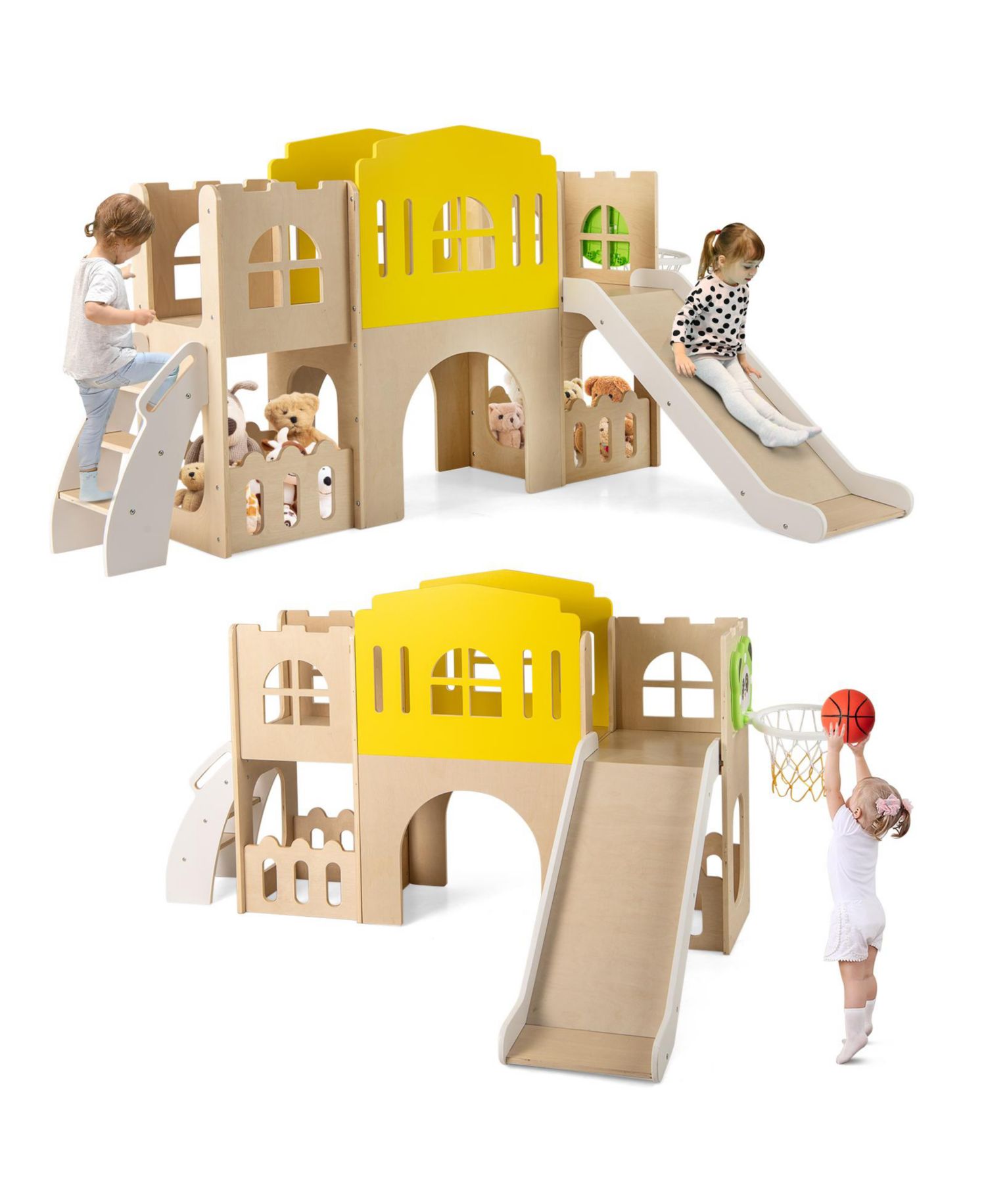 Kids 7-in-1 Slide Playset with Climber and Basketball Hoop