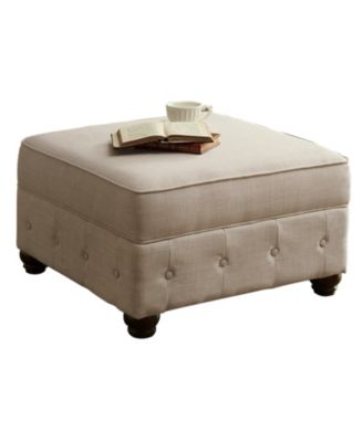 Classic Button-Tufted Linen Ottoman with Vintage Wooden Legs