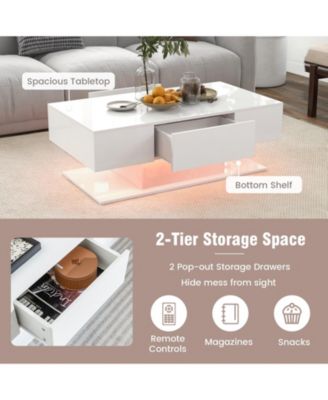 Modern LED Coffee Table with 20 Color LED Lights and 2 Storage Drawers-White