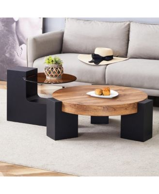 Modern 2-Tier Coffee Table, Round Wooden Top with Black Block Legs and Glass Side Table for Living Room, Apartment