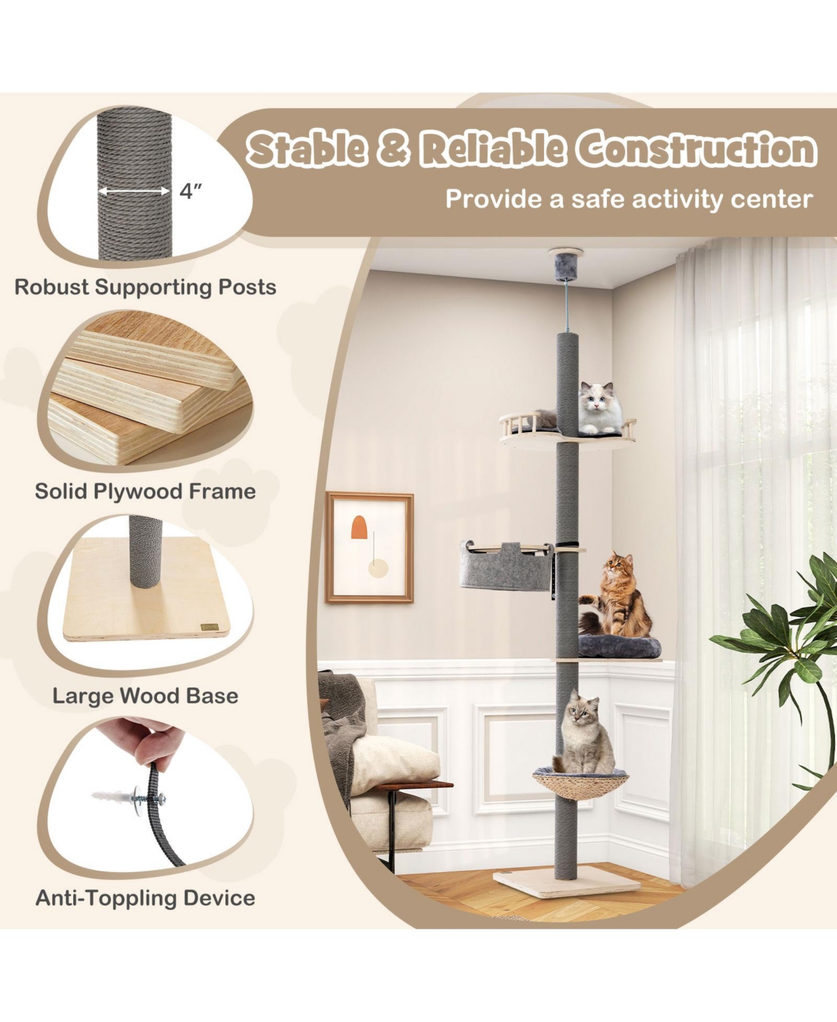 Cozito Cat Tree Floor to Ceiling 93-107 in Adjustable Height