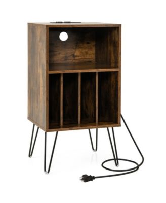 Record Player Stand Featuring Charging Station and 3-Tier Vinyl Storage