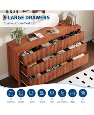 Farmhouse 9 Drawer Dresser, Fluted Wood Chest of Drawers, Slim Storage Organizer for Bedroom.