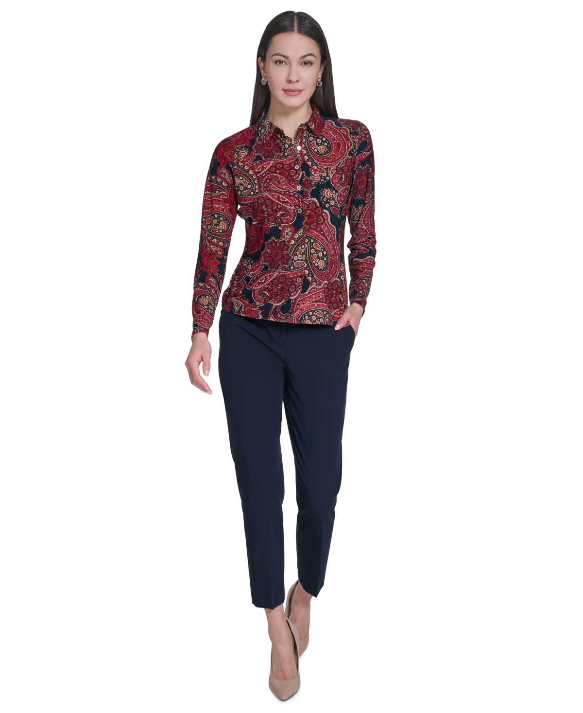 Tommy Hilfiger Women's Long-Sleeve Paisley Print Collared Top