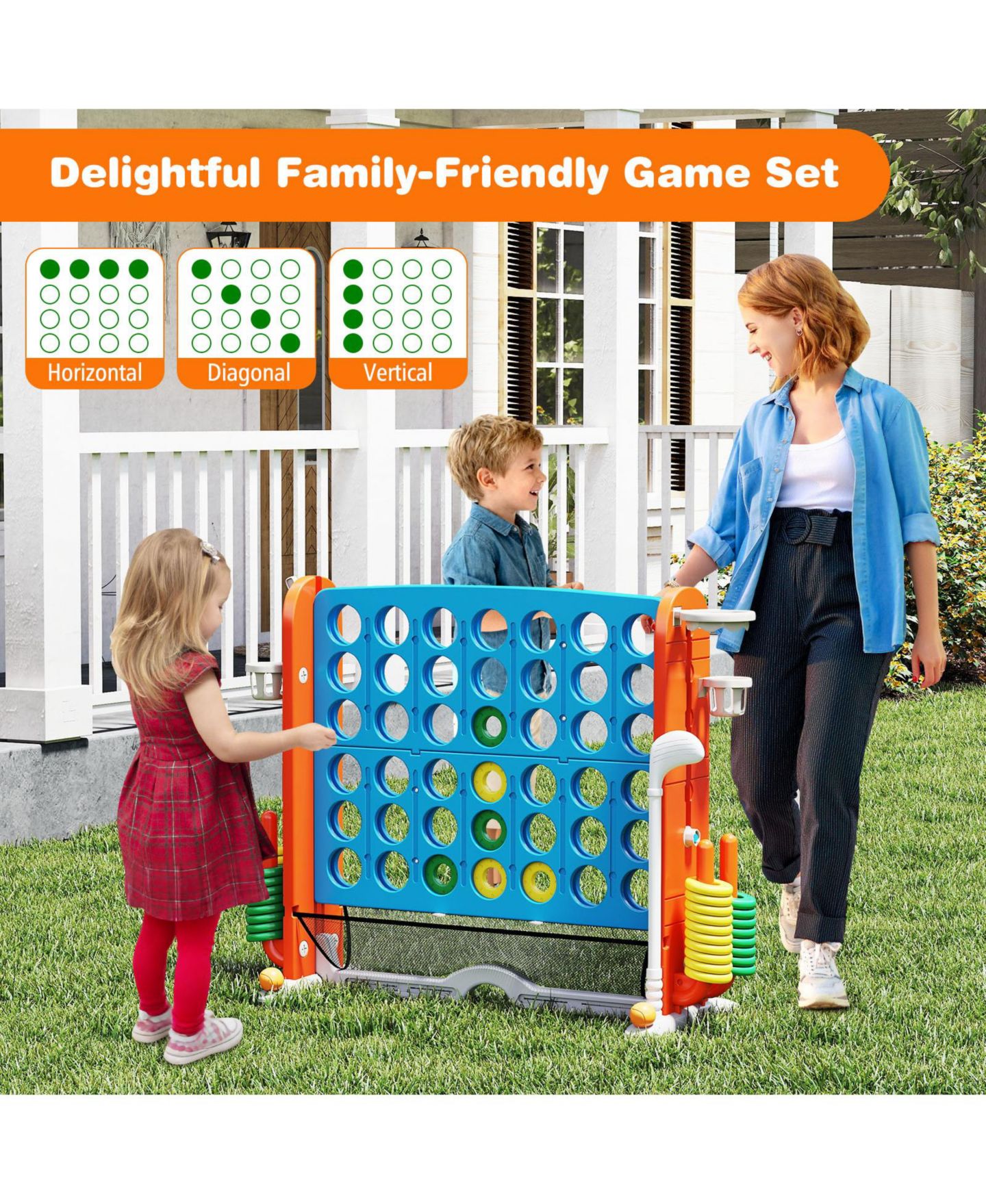 Детские игрушки Slickblue Jumbo 4-to-Score with Ring Toss and Basketball Hoop Game Set, Ages 3+, цвет: Синий / Оранжевый — фото 7