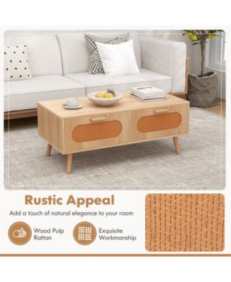 Rattan Coffee Table Mid Century Modern Center Table with 2 Storage Drawers-Natural