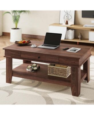 Walnut Coffee Table with Drawer, 47.2" Center Table with Storage Shelf, Rustic Coffee Tables Long Living Room Furniture