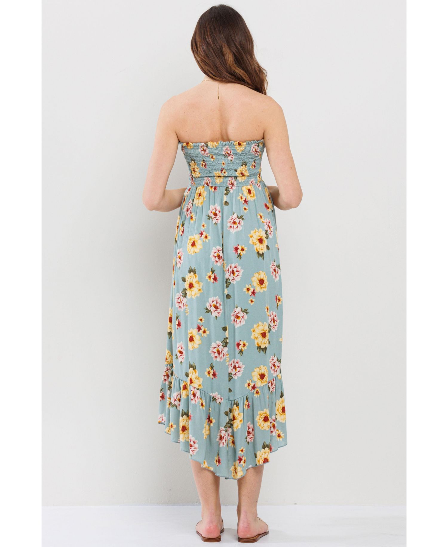Maternity Floral Smocked Strapless Midi Dress