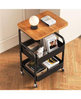 3-Tier Rolling Cart w/Wooden Tabletop, Utility Cart w/Lockable Wheels, Multipurpose Storage Organizer Trolley for Kitchen, Office, Bedroom