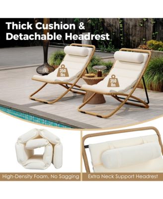 2-Piece Foldable Rattan Lounge Chair Set, Outdoor Reclining Chair with Adjustable Backrest, Thick Cushion and Removable Headrest for Beach