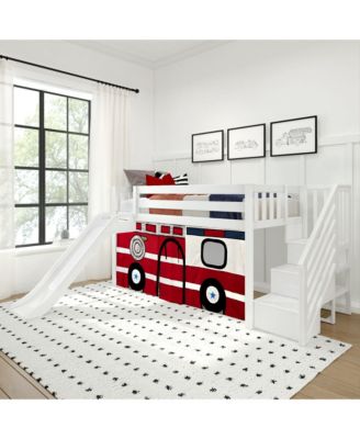 Low Loft With Stairs, Easy Slide and Firetruck Curtain