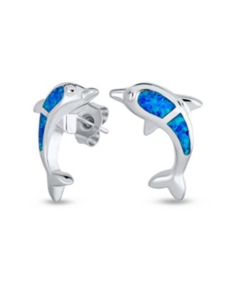 Hawaiian Created Blue Opal Inlay Nautical Dolphin Stud Earrings .925 Sterling Silver
