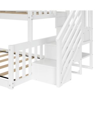 Wooden Twin over Full Low Bunk Bed for Kids with Staircase