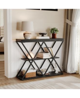 39" Entryway Table - 3 Tier Narrow Console Sofa Table with Storage Shelf, X-Shaped Metal Frame, Industrial Accent Tables