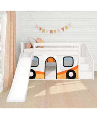 Low Twin over Twin Bunk With Stairs, Easy Slide and Orange Camper Van Curtain