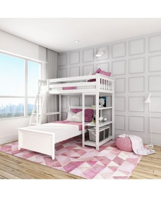 Solid Wood L-Shaped Twin over Twin Bunk Bed with Bookcase for Kids
