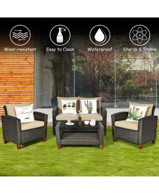4PCS Patio Rattan Furniture Set Solid Wood Leg Cushioned Sofa Garden Lawn
