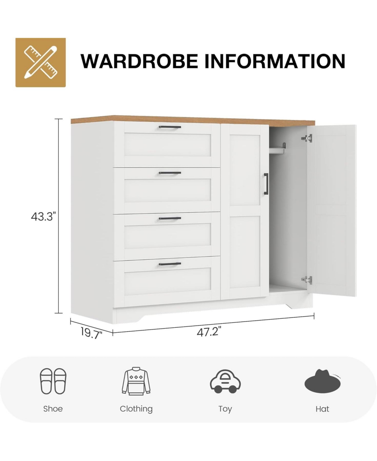 gaomon Multifunctional Wooden Dresser for Bedroom, 43.3 in H 2 Door Wardrobe Armoire Closet with 4 Drawers and Hanging Rod