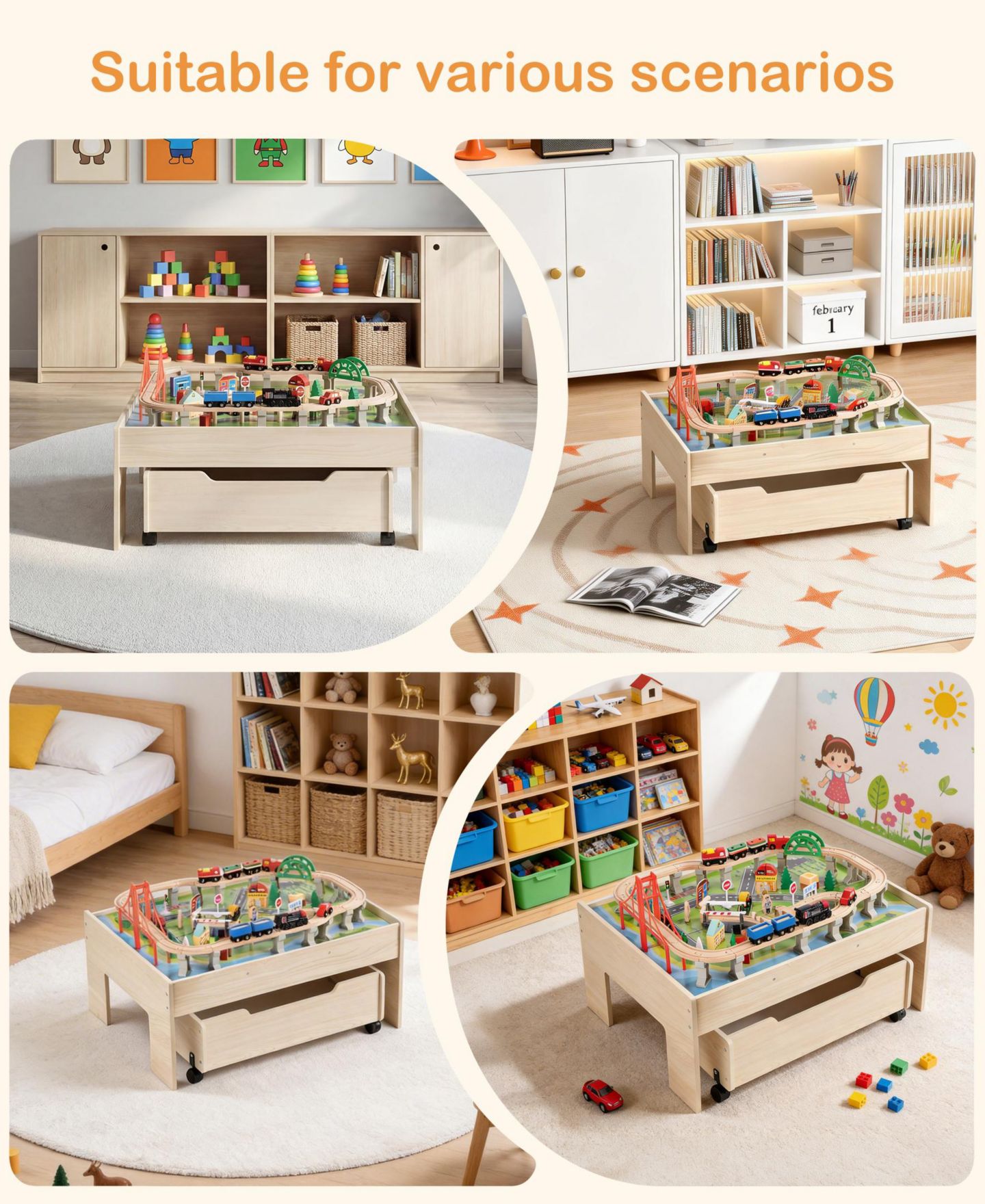 Детские игрушки SUGIFT 100-Piece Multicolor Wooden Kids Activity Table, 3-in-1 Wooden Train Set with Rolling Storage Drawer, Creative Toy Set for Kids Ages 3+, цвет: Натуральный — фото 11