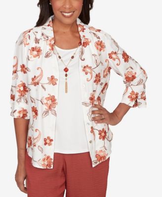 Petite Spice Market Paisley Floral Collared Two-In-One Top with Necklace
