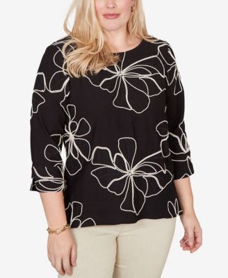 Petite Detail Driven Flower Soutache Three-Quarter-Sleeve Top