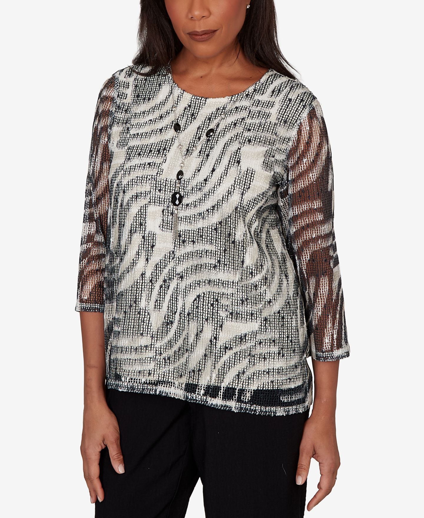 Женский топ Alfred Dunner Petite Detail Driven Animal Popcorn Embellished with Necklace, цвет: Чёрный разноцветный — фото 3