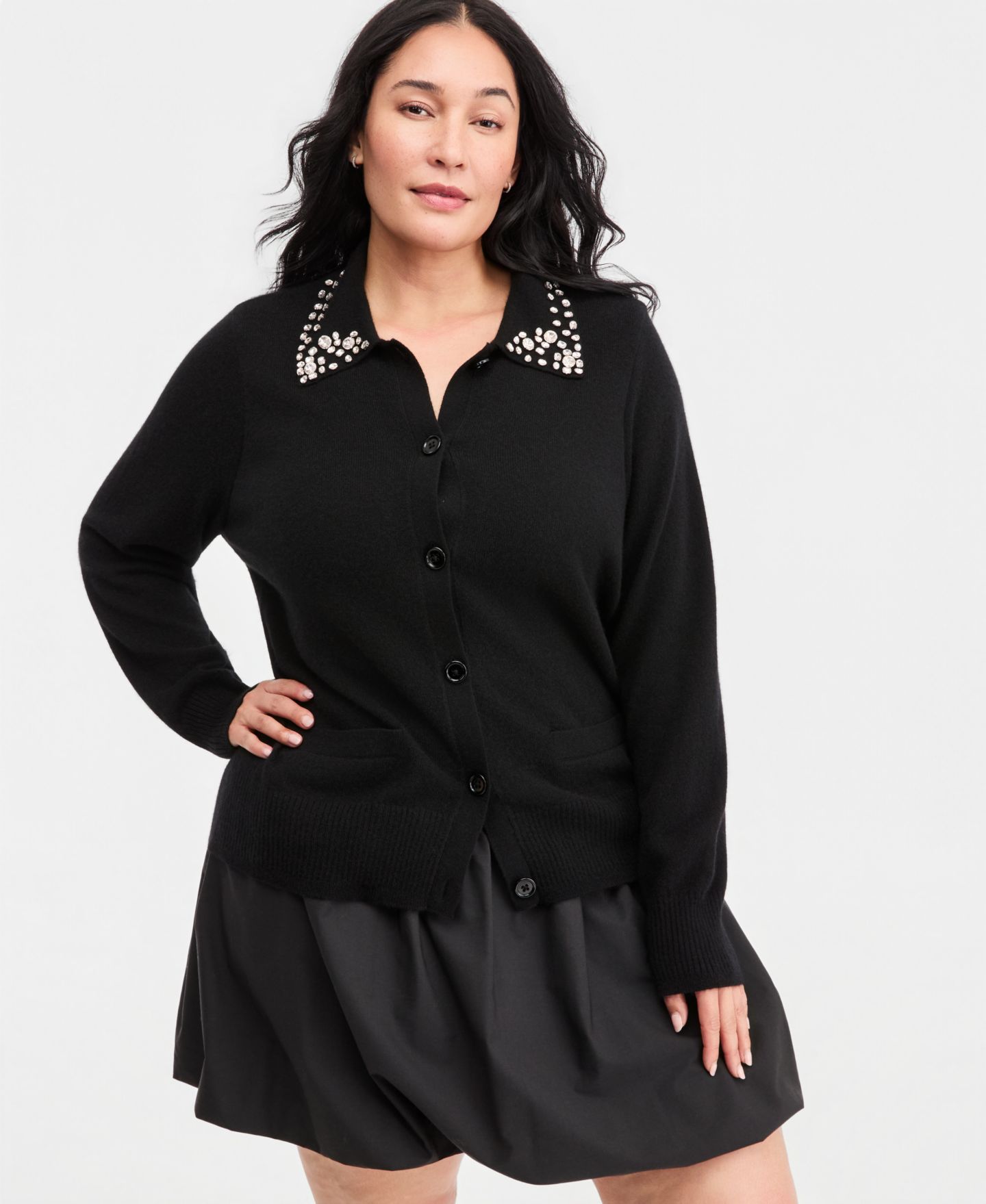 Женский кардиган Charter Club Plus Size 100% Cashmere High-Rib Embellished, цвет: Чёрный — фото 2