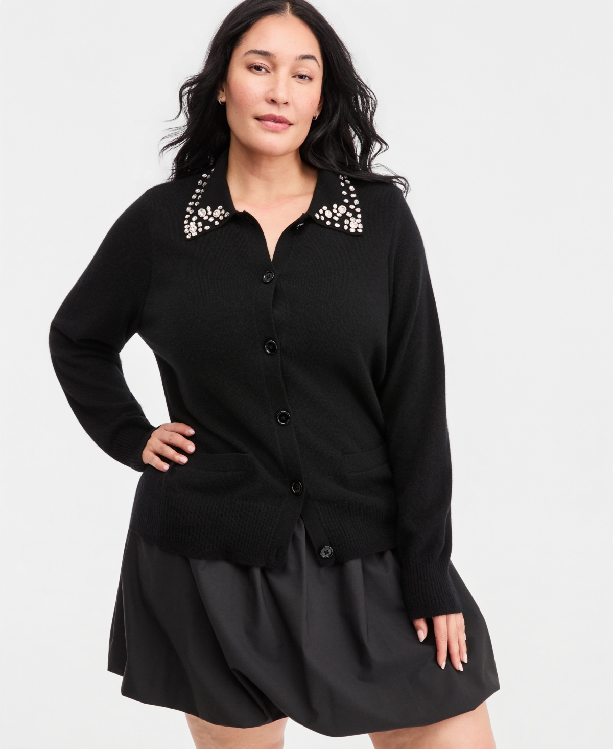 Charter Club Plus 100% Cashmere High-Rib Embellished Cardigan, Macy's Exclusive