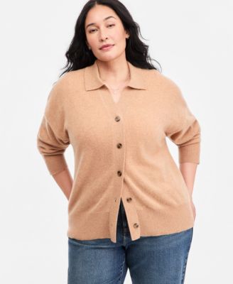 Plus Size 100% Cashmere Collared Cardigan