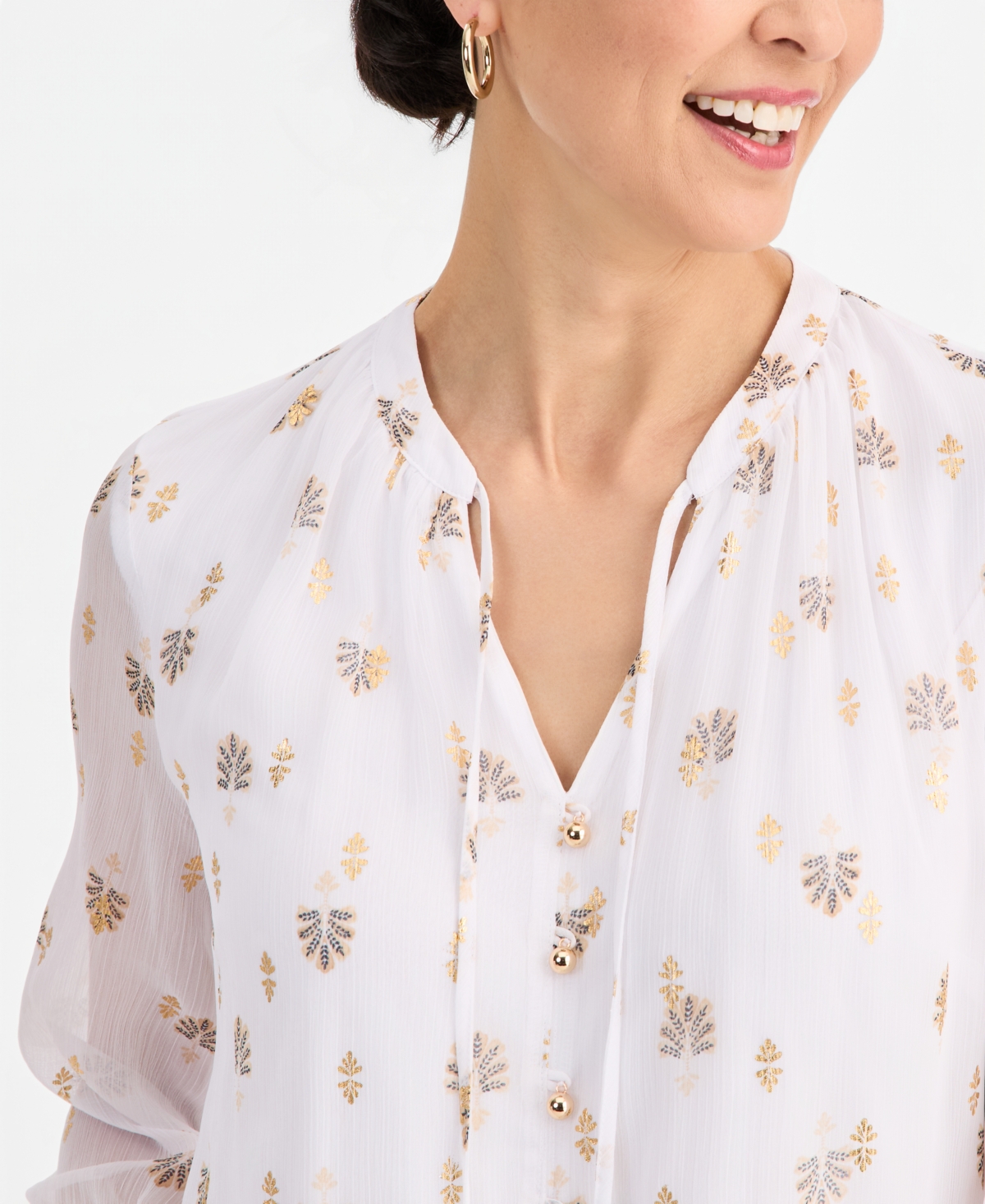 Jm Collection Women's 3/4 Sleeve Metallic-Print Tie-Neck Blouse, Macy's Exclusive